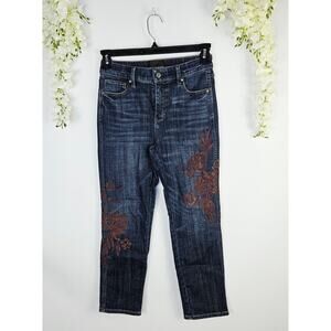 WHBM High Rise Straight Jeans 2S Dark Wash Floral Embroidered Boho Cottagecore